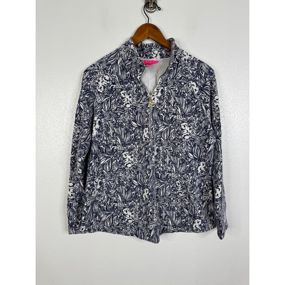 Lilly Pulitzer Skipper Popover Navy White Koala Floral Half Zip Sweatshirt L